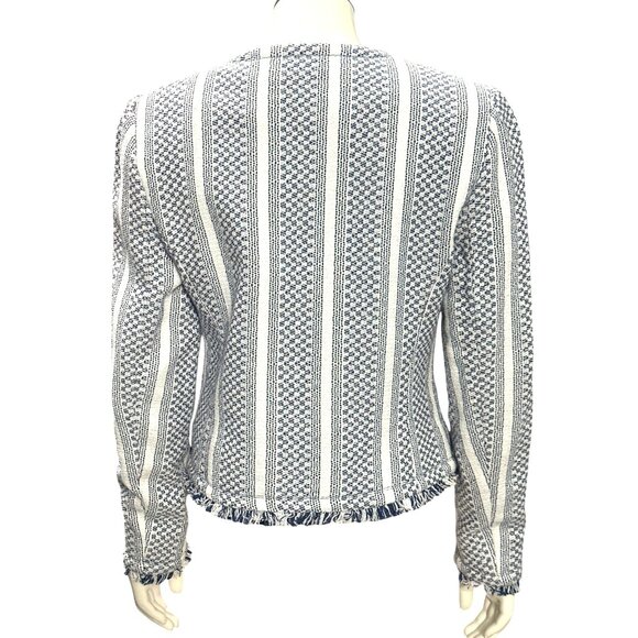 Adrienne Vittadini Small Woven Cotton Fringe Tweed Zip Jacket Blue White New Tag - Picture 6 of 16